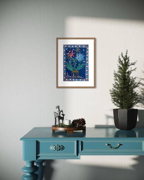 Multi-colored Florals on Midnight Blue Background I Original Painting A3