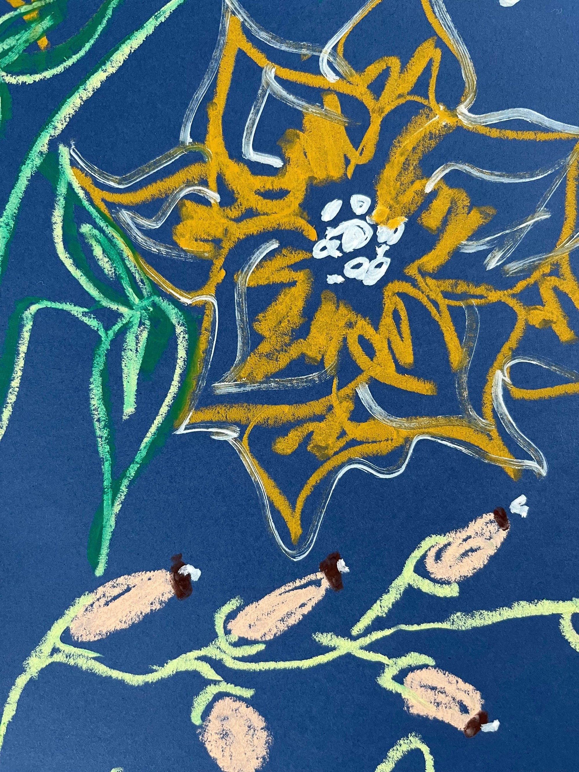 Gold Florals on Dark Blue Background I Original Painting A3