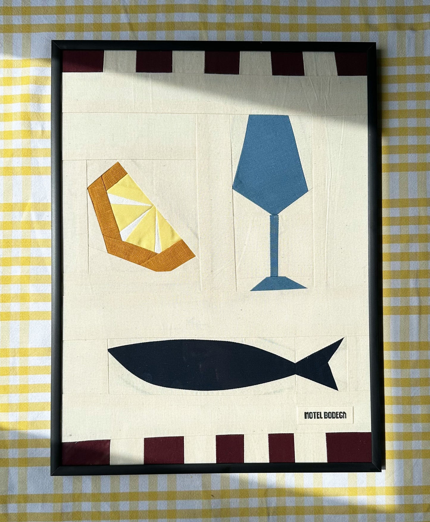 Wine, Fish & Lemon Original Quilted Artwork in Frame