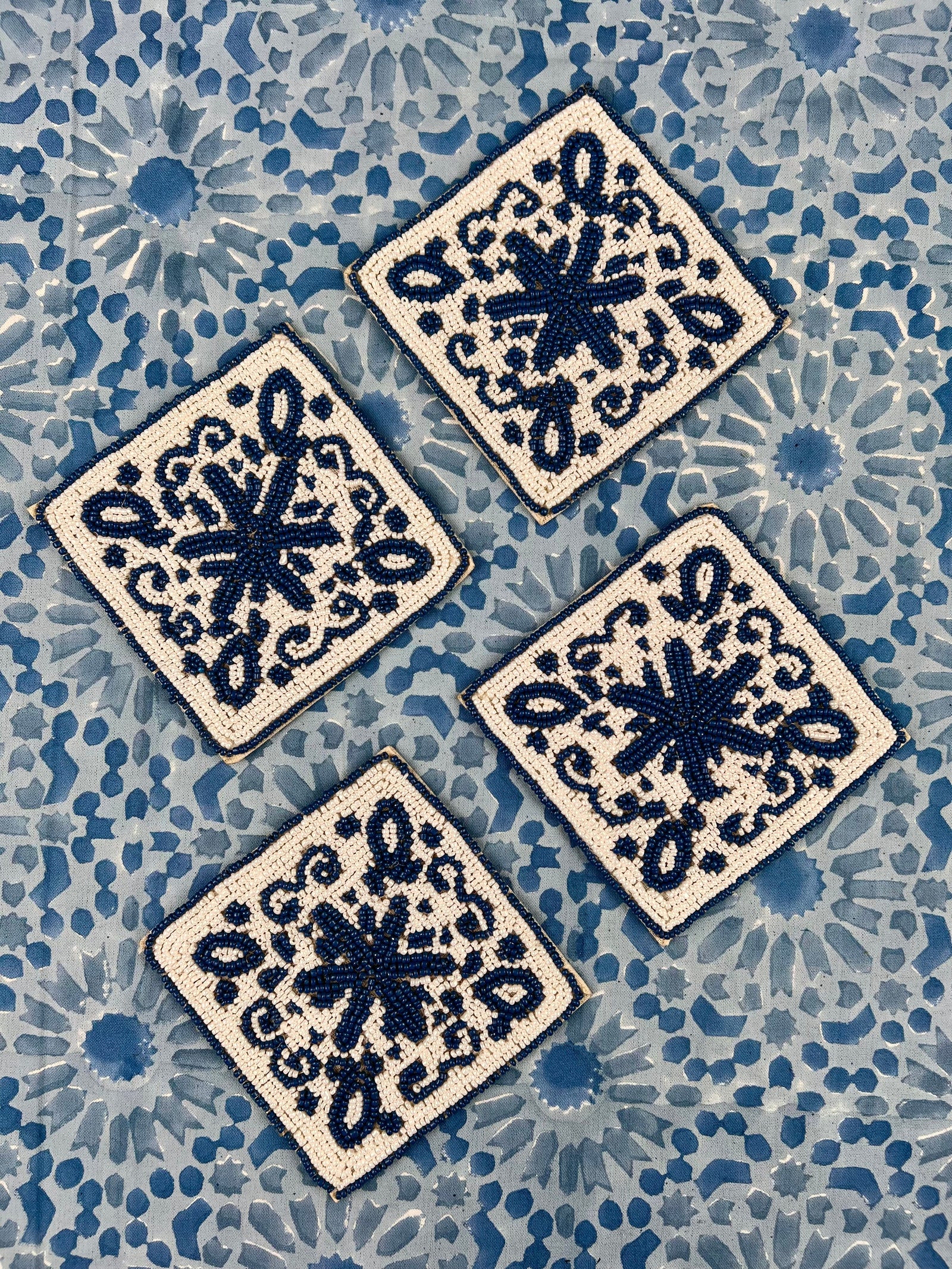 ’Azulejo Tiles’ Beaded Coasters - Ivory & Navy (set of 4)