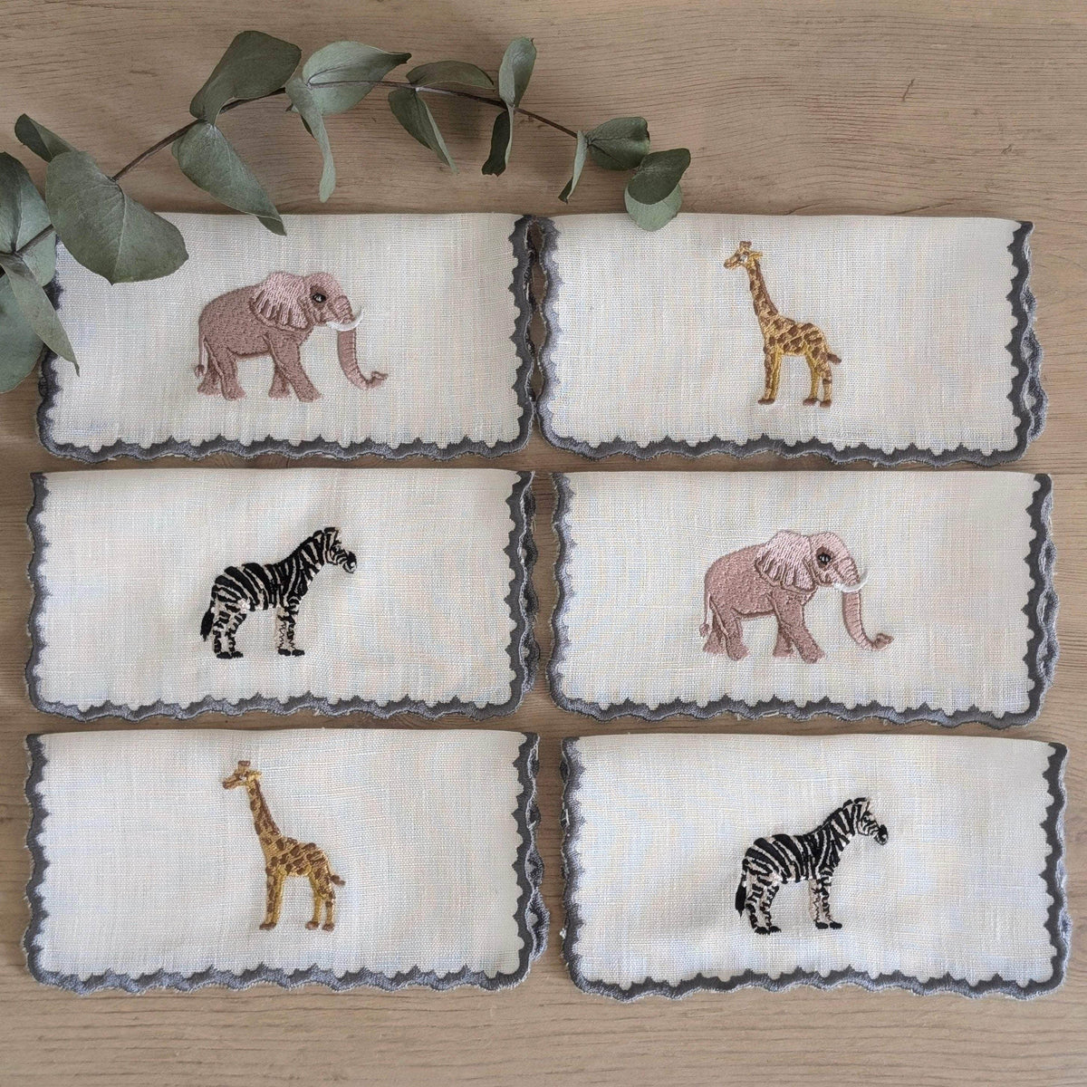 Kenya Animals embroidery cocktail napkin set (set of 6)
