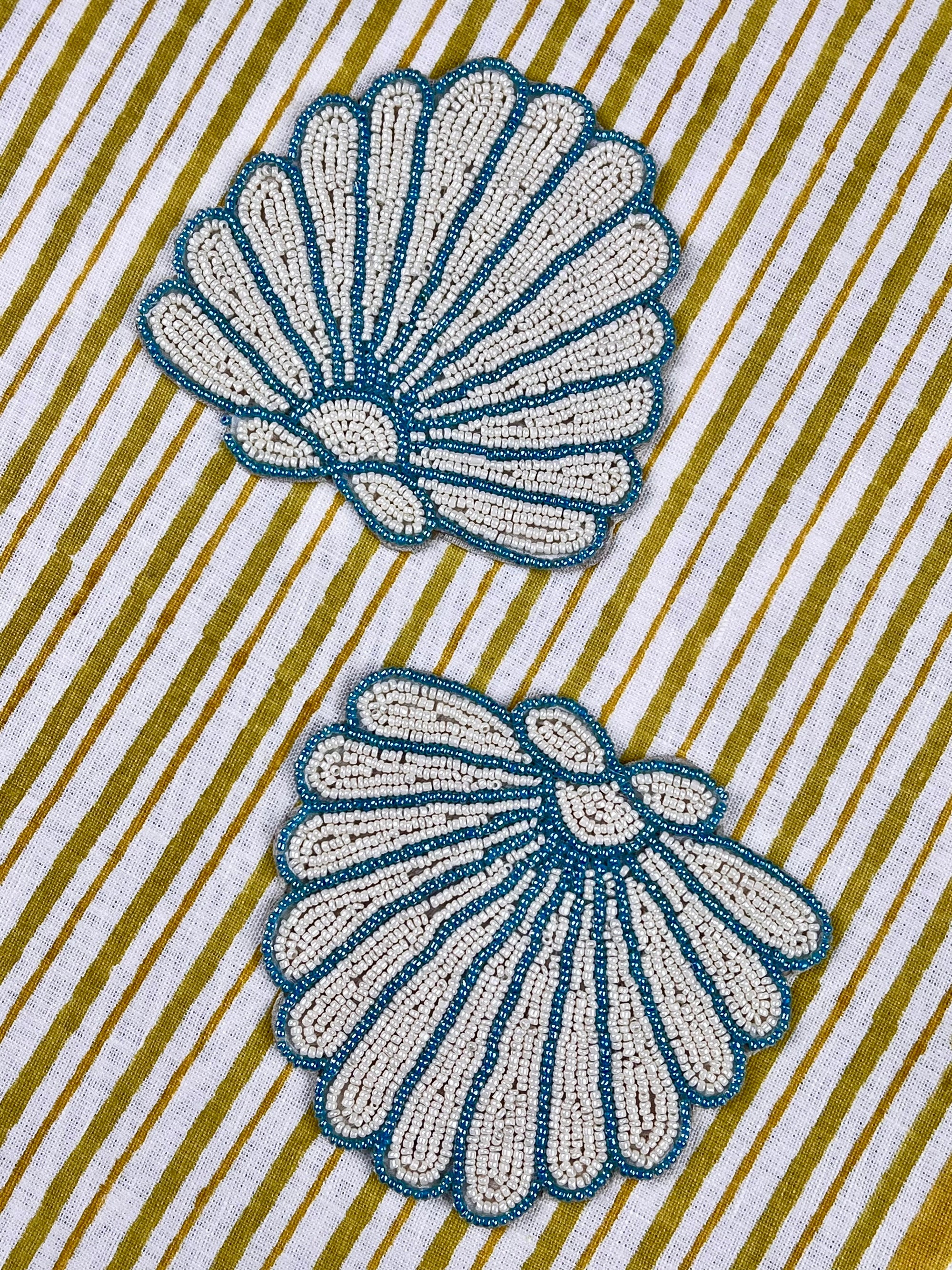 Beaded Shell Coasters - Ocean Blue & Ivory (set of 4)