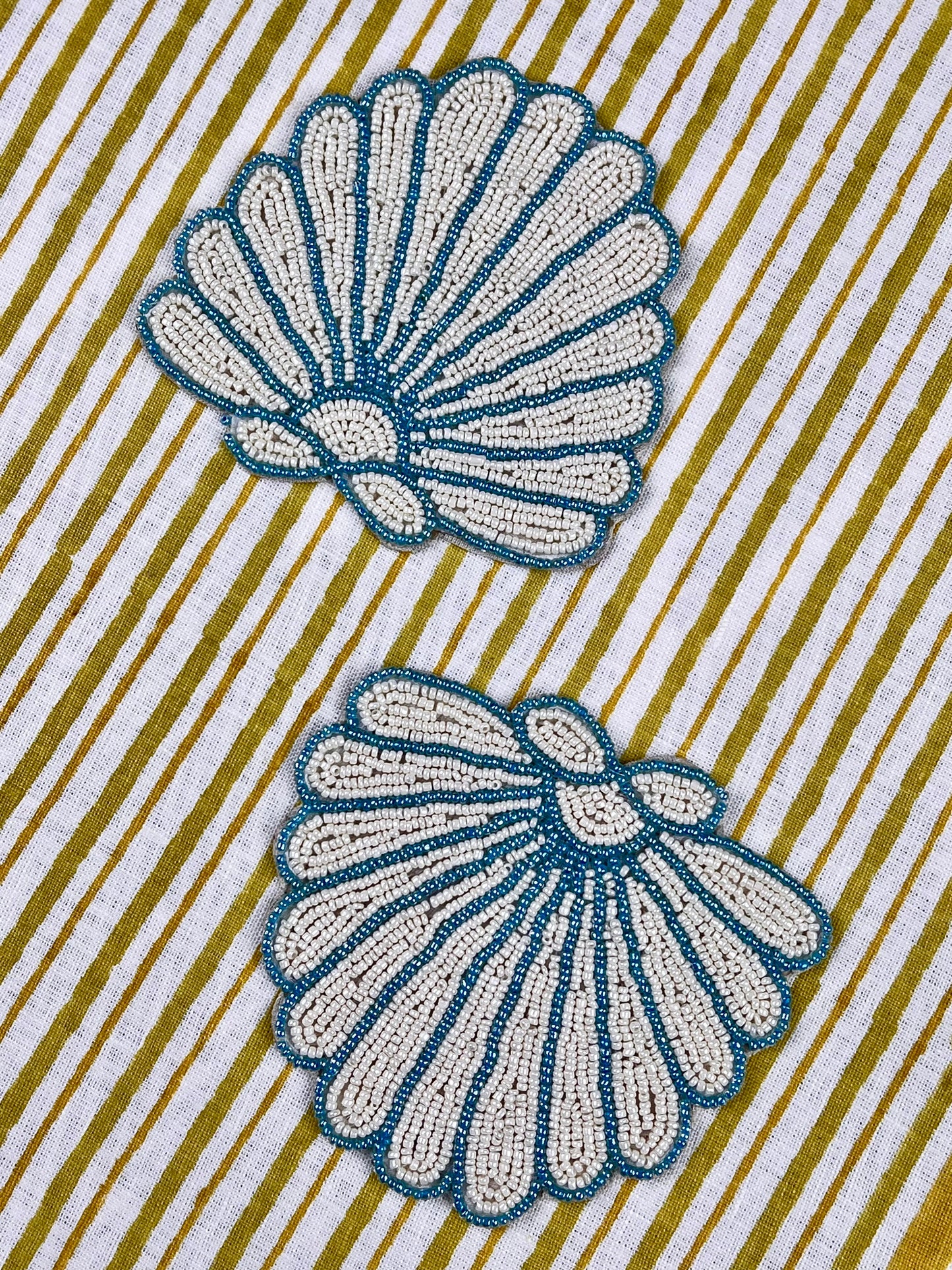 Beaded Shell Coasters - Ocean Blue & Ivory (set of 4)