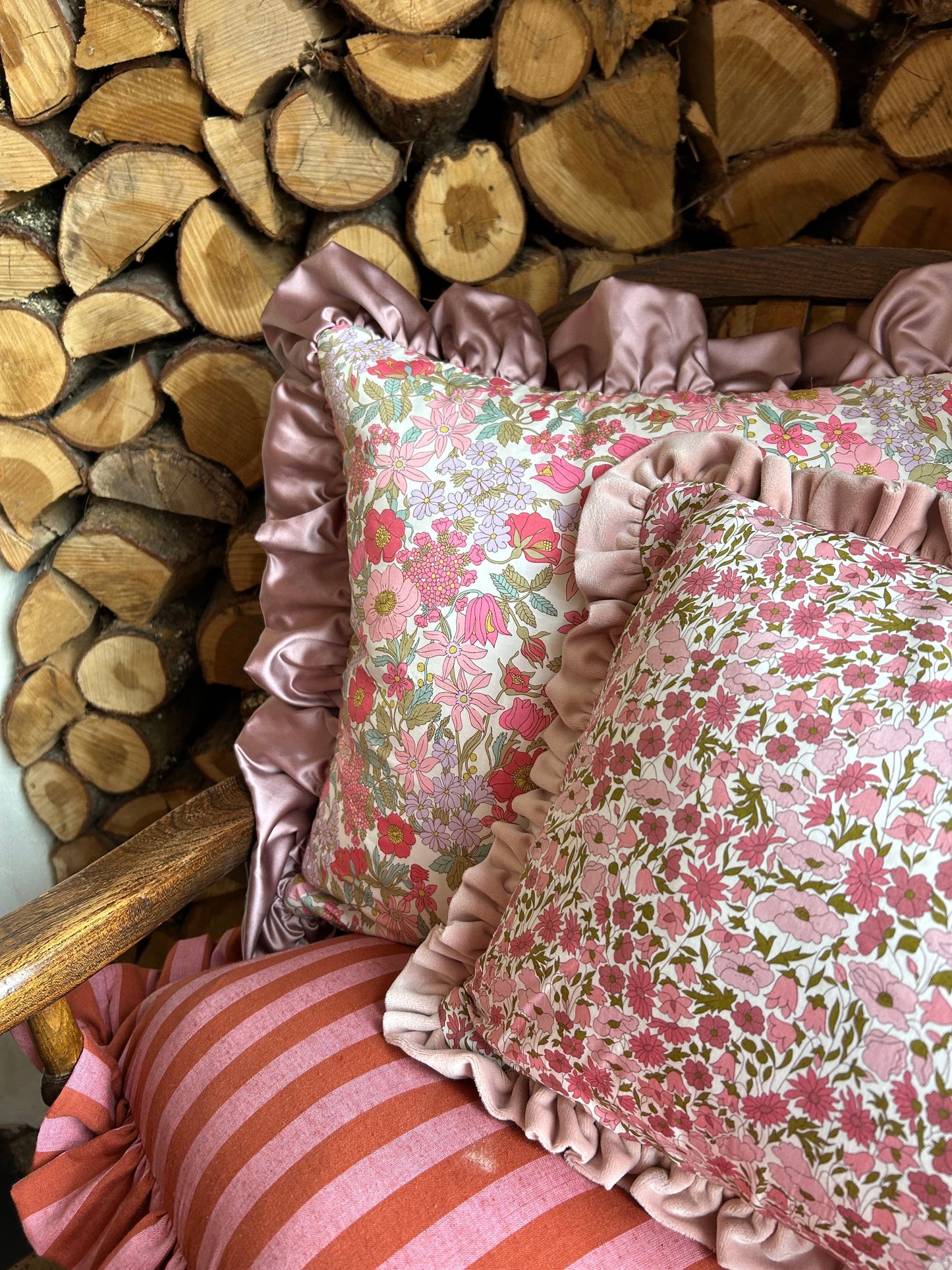 Velvet Ruffle Cushion made with Liberty Fabric 'Poppy and Daisy Pink'