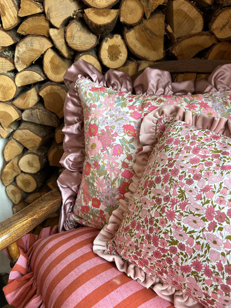 Velvet Ruffle Cushion made with Liberty Fabric 'Poppy and Daisy Pink'