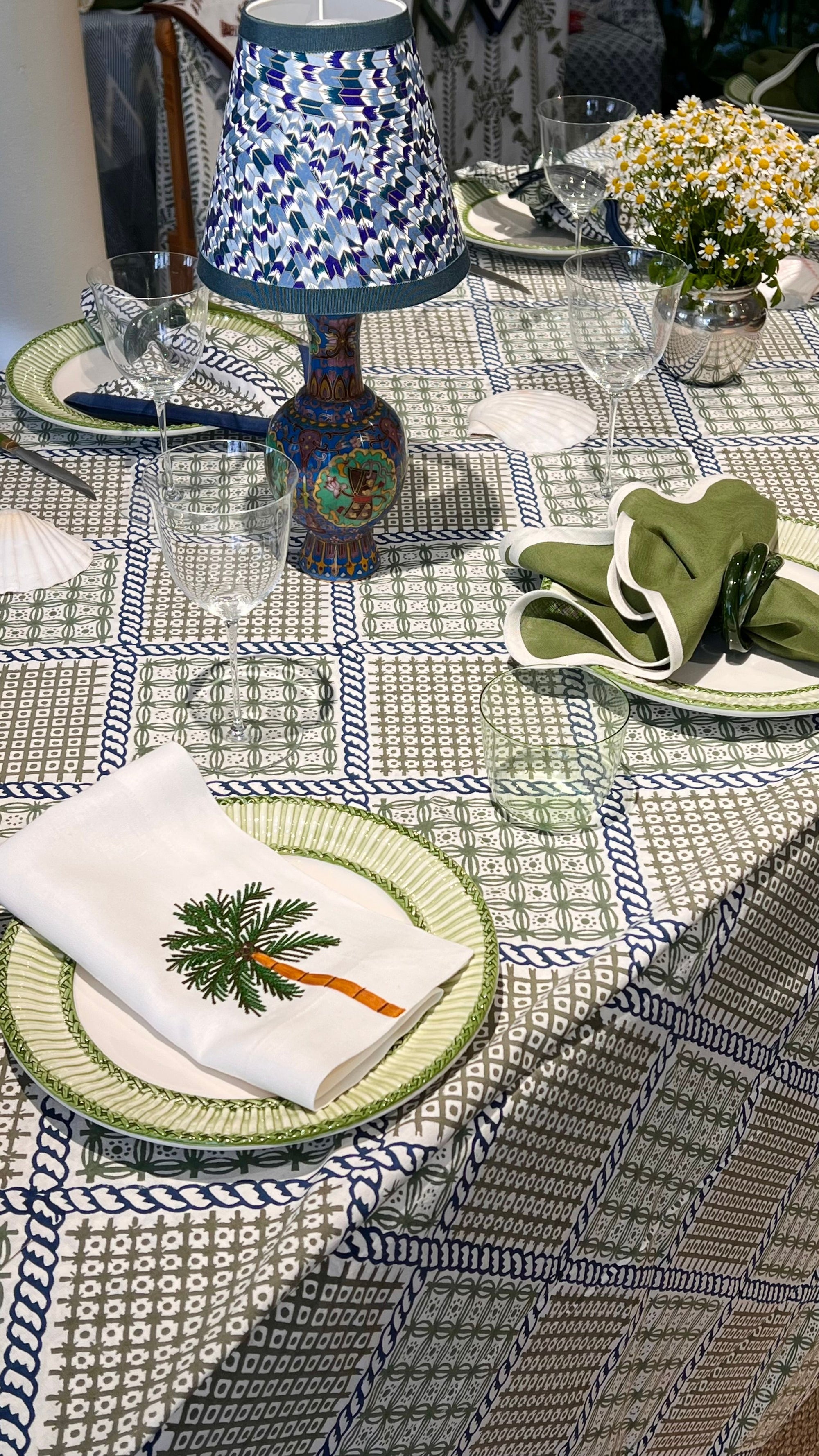’The Trellis’ Tablecloth - Blue, Sage & Taupe