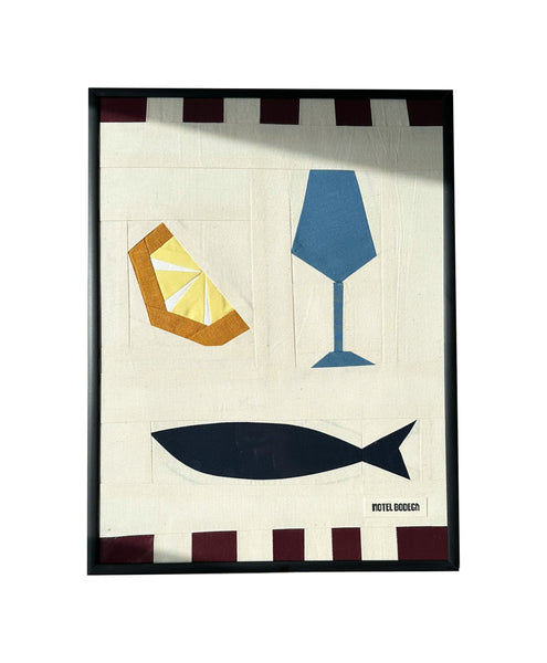 Wine, Fish & Lemon Original Quilted Artwork in Frame