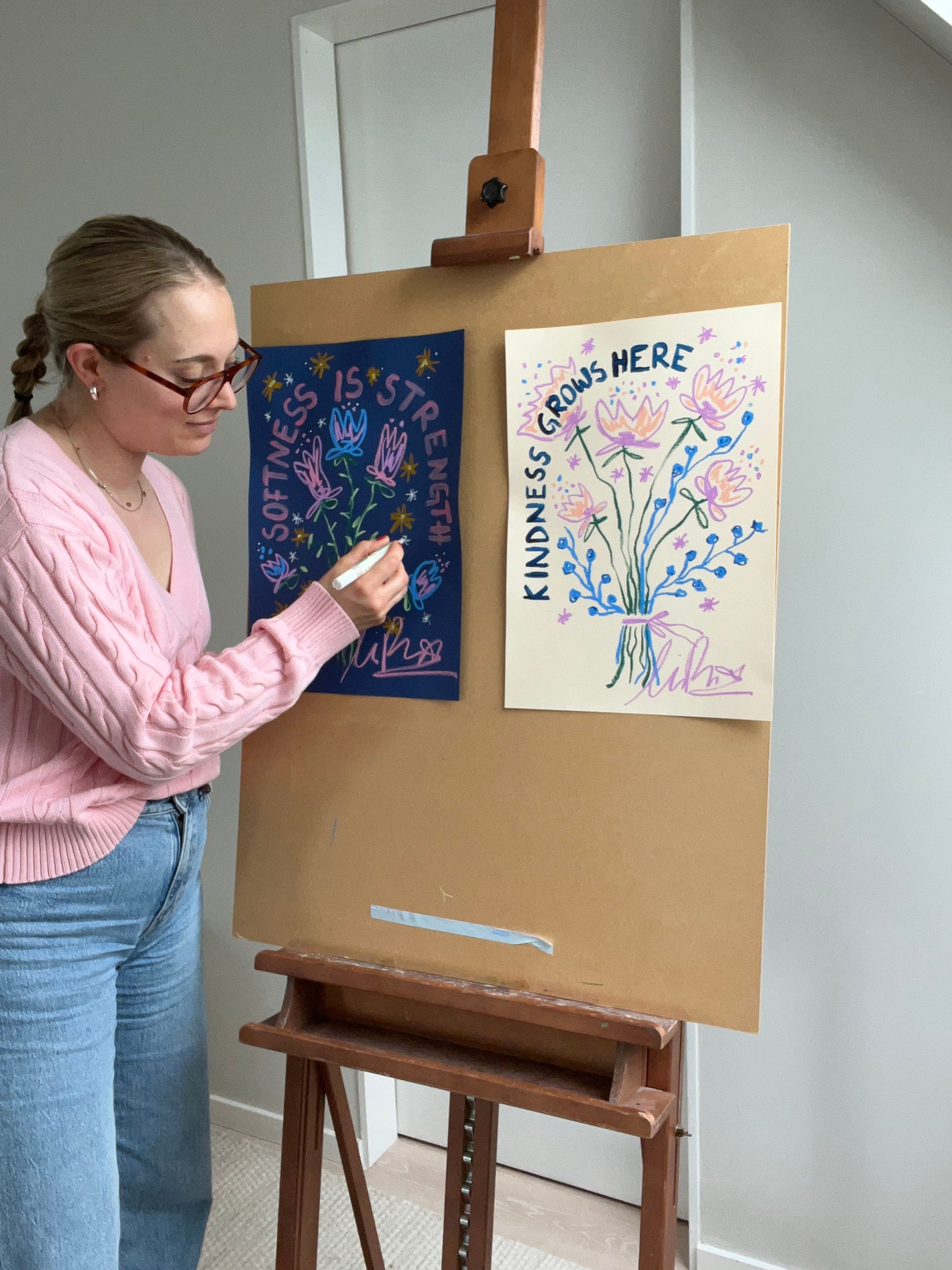 LOVE Pink and Blue Drooping Florals I Original Painting A3