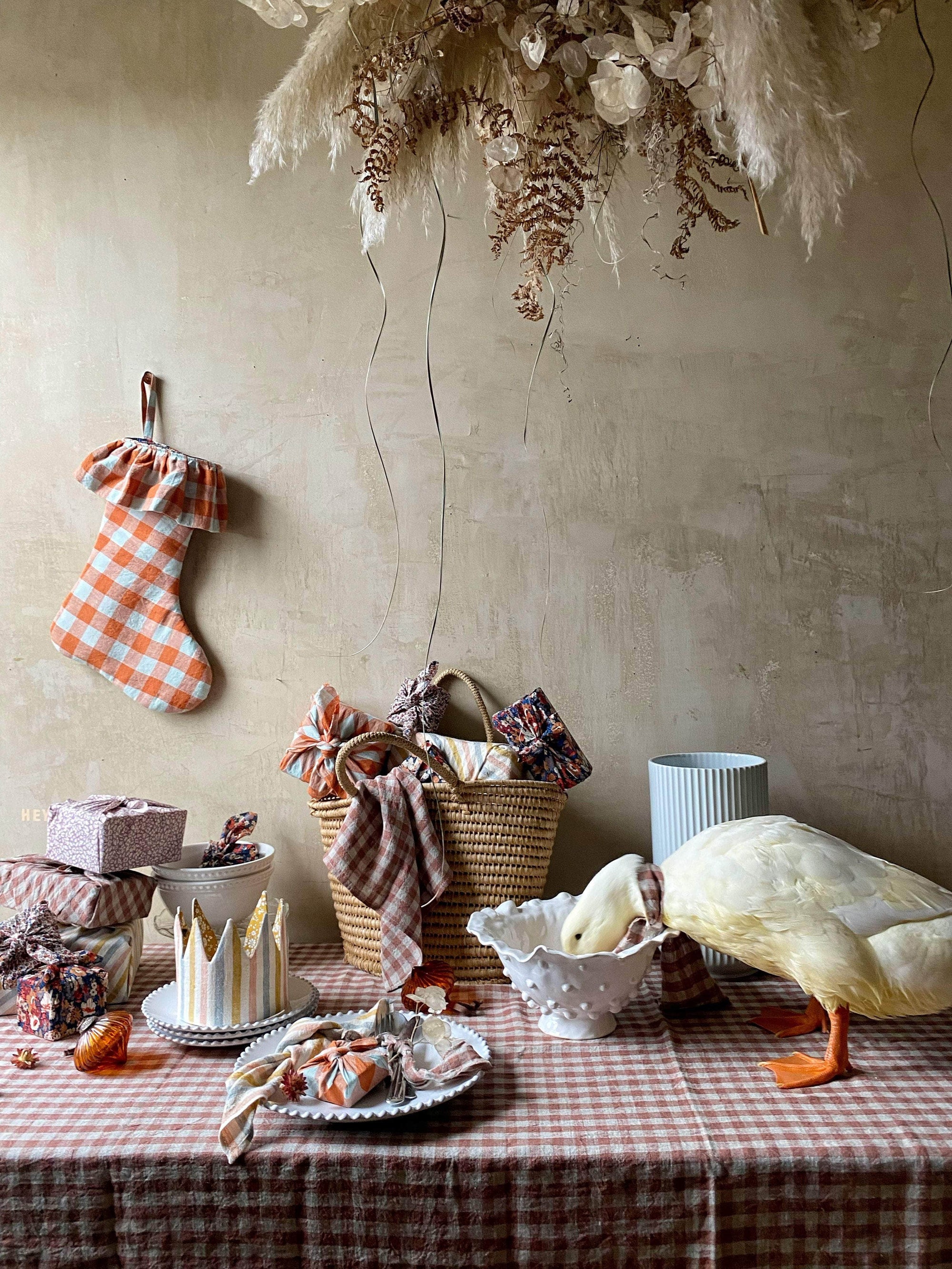 Large Linen Tablecloth in Rose Gingham