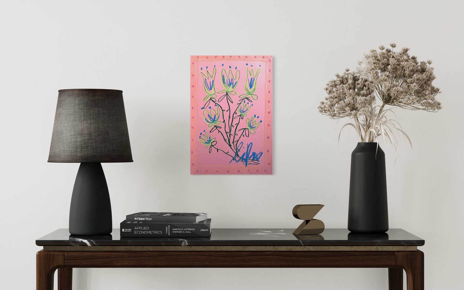 Blue & Green Floral on Pink Background | Original Painting A3