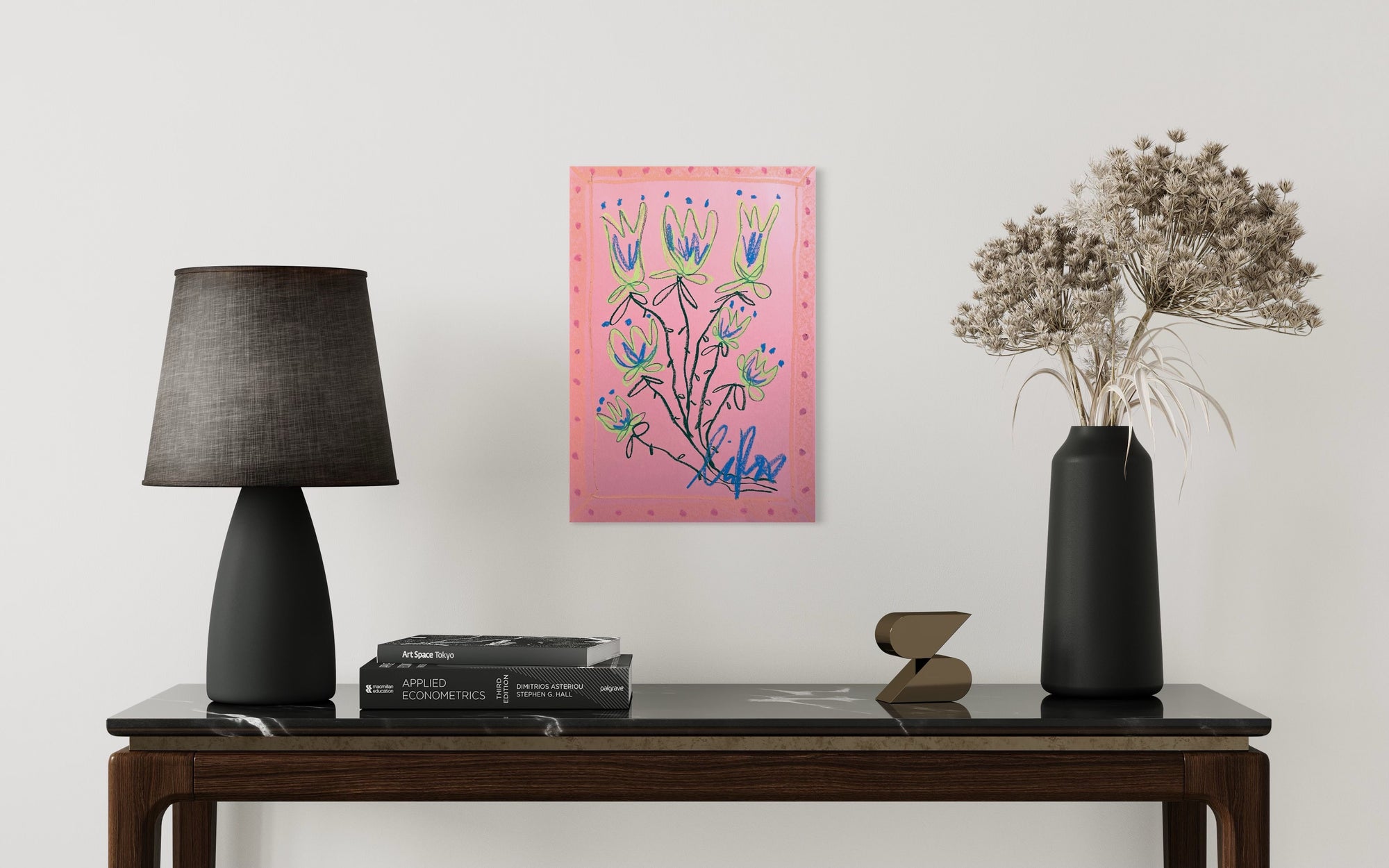 Blue & Green Floral on Pink Background | Original Painting A3