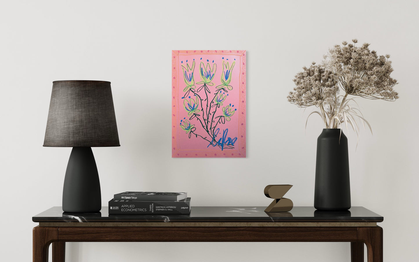 Blue & Green Floral on Pink Background | Original Painting A3