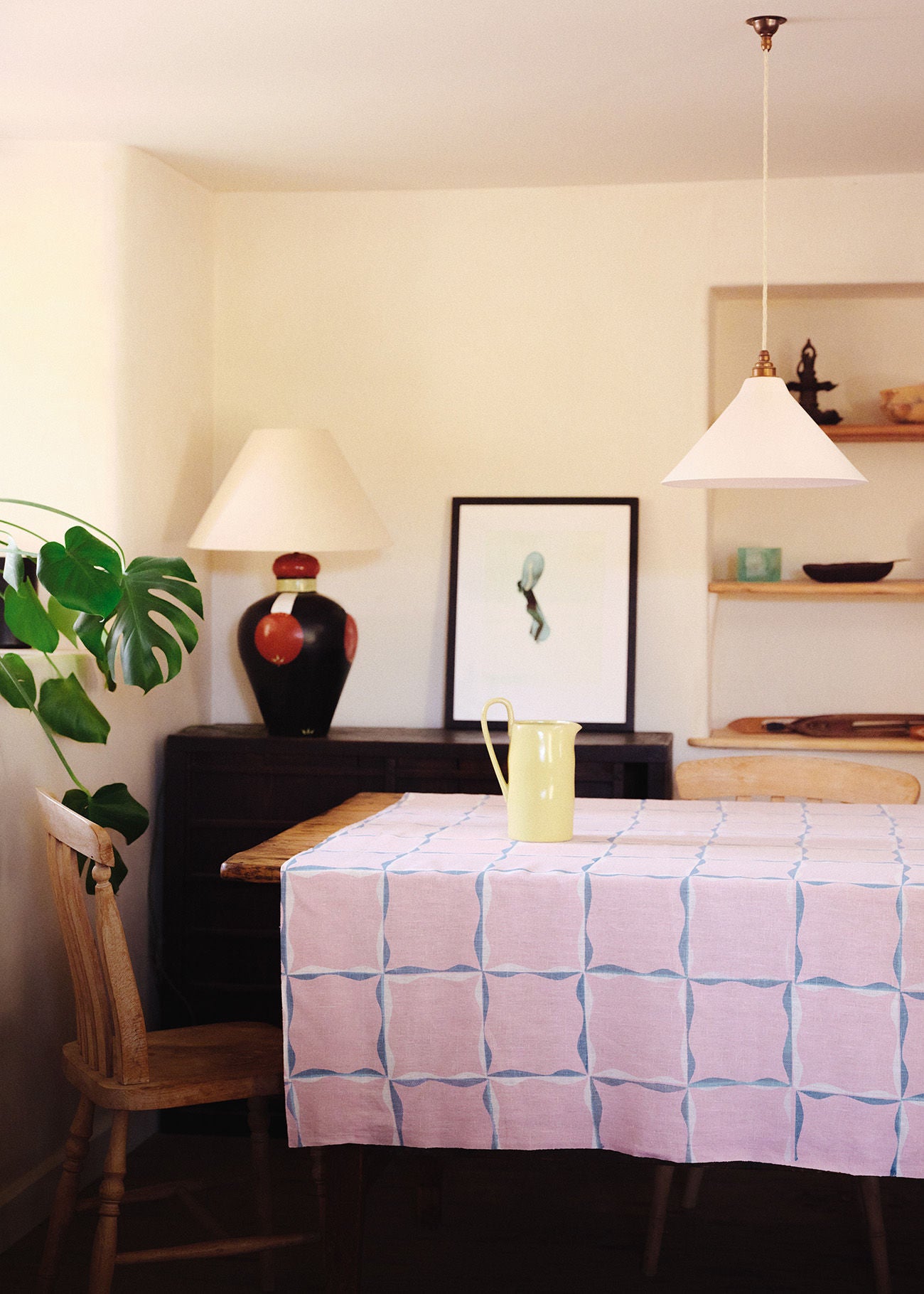 Ribbon Check Fabric (Blue on Dusty Pink)