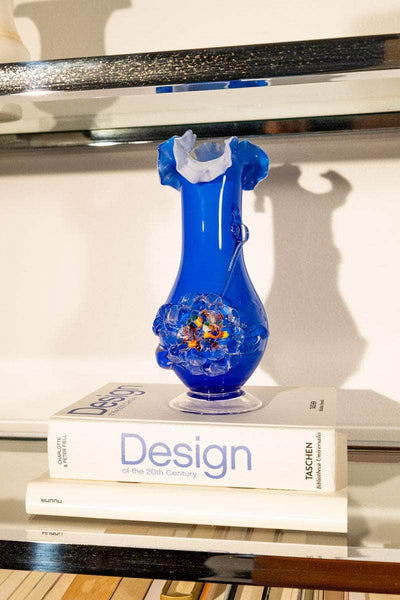 Vintage Ruffled Navy Blue Art Glass Vase