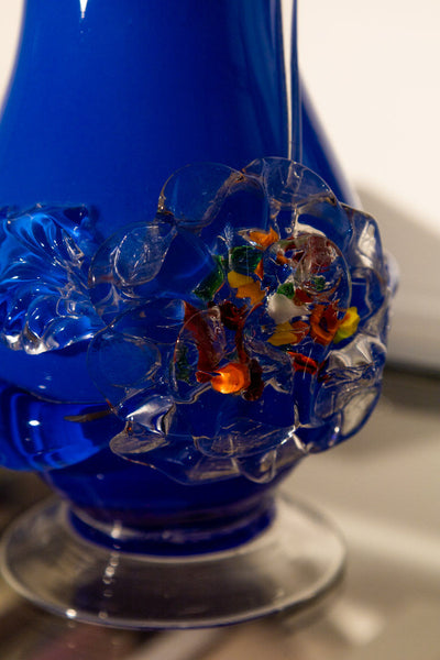 Vintage Ruffled Navy Blue Art Glass Vase