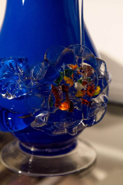 Vintage Ruffled Navy Blue Art Glass Vase