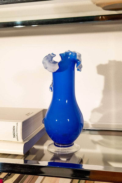 Vintage Ruffled Navy Blue Art Glass Vase
