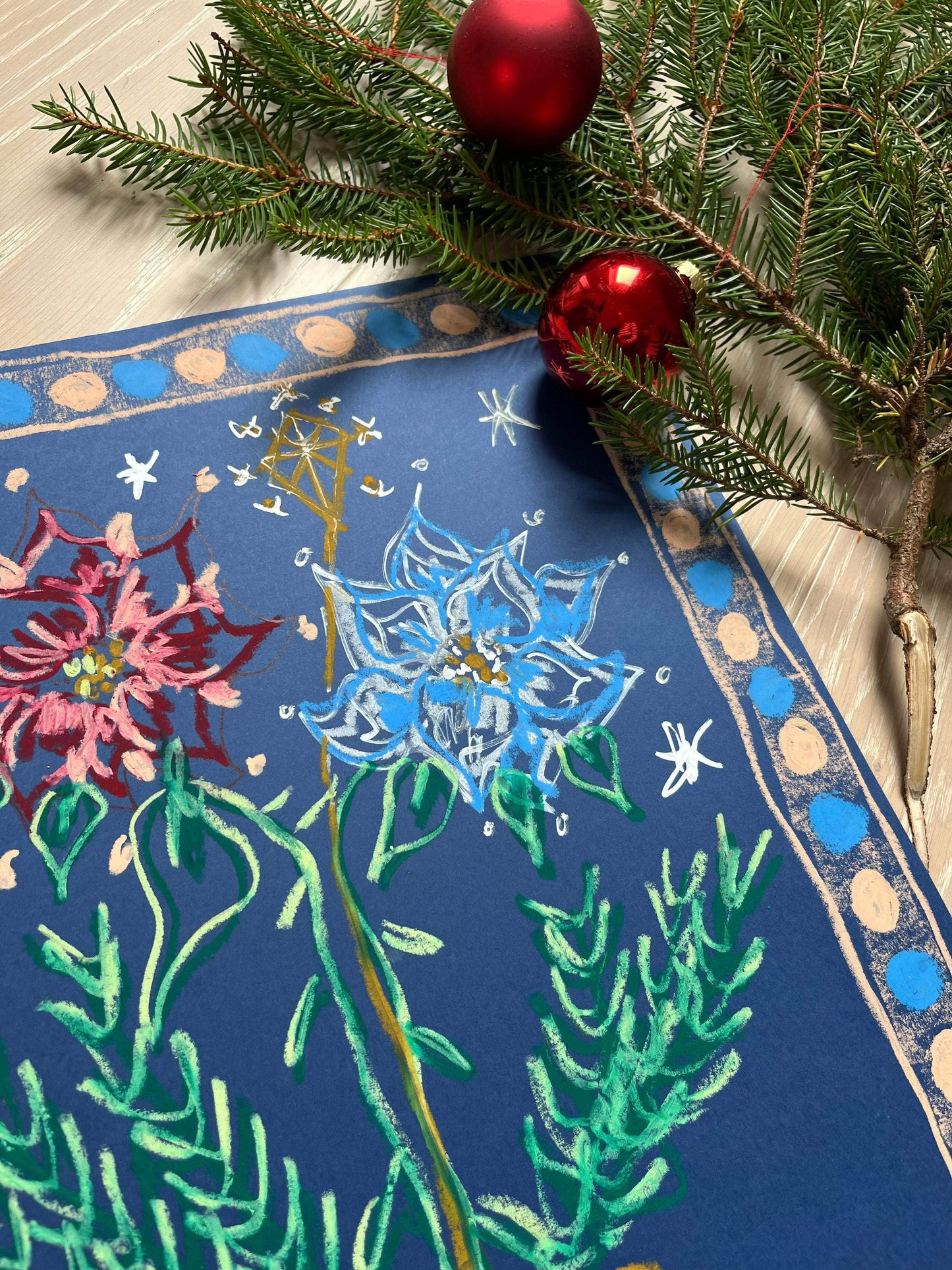Multi-colored Florals on Midnight Blue Background I Original Painting A3