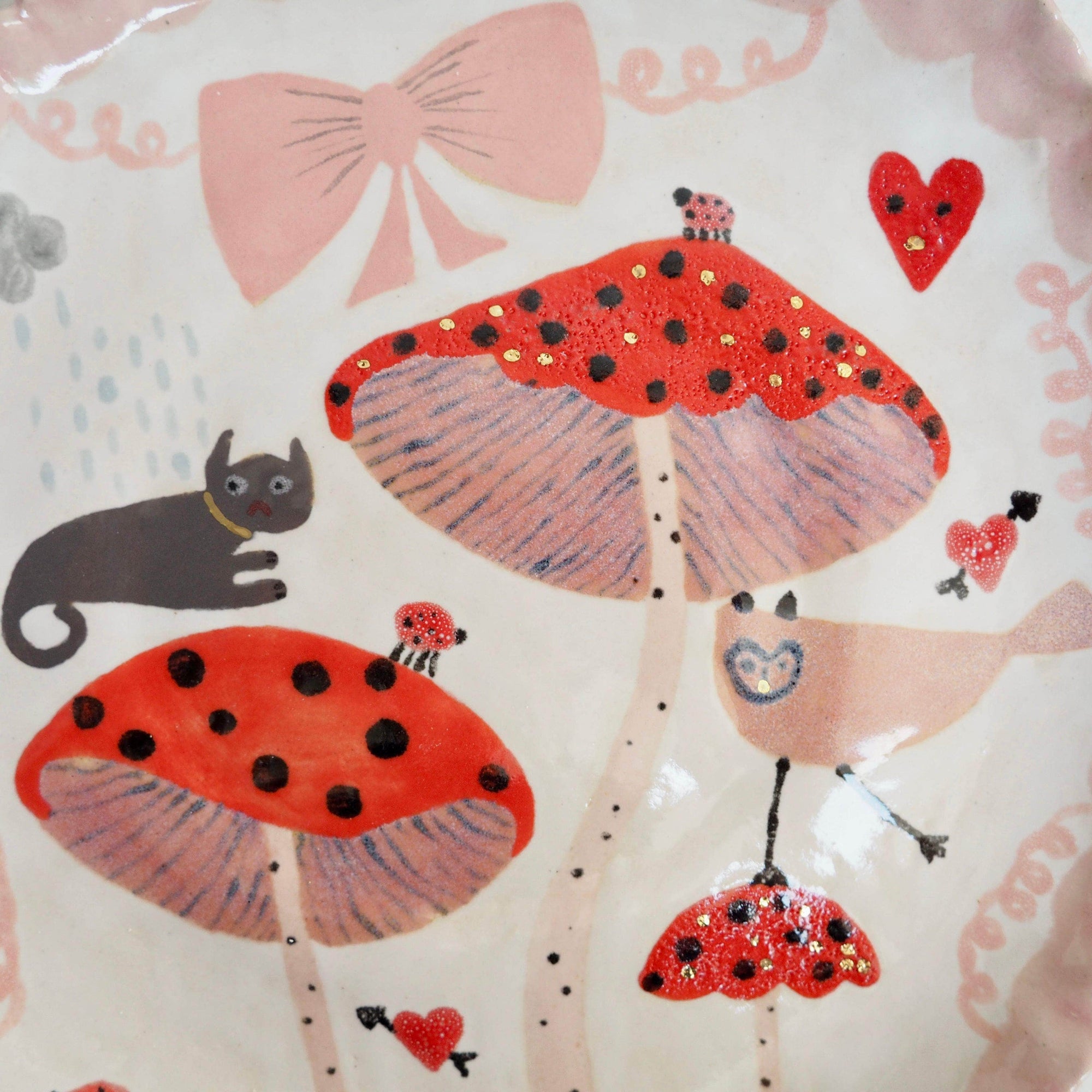 Handmade Illustrated Plate With Toadstools, Cat, Hearts, and Bows.