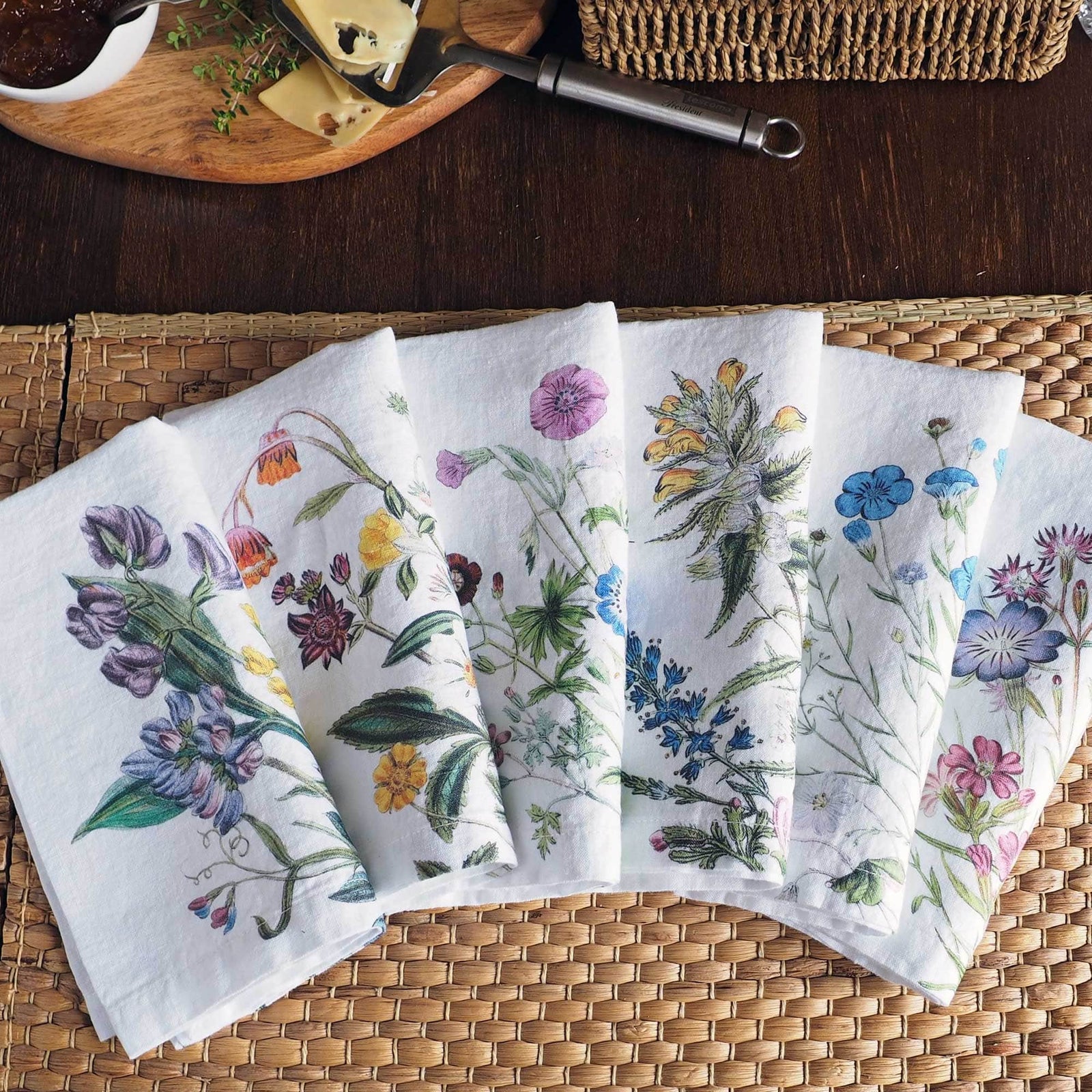 Linen Napkins WILD FLOWERS Set of 6 White