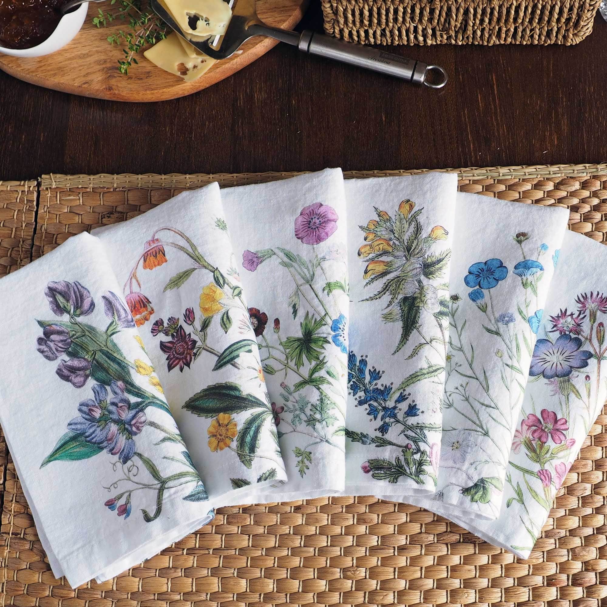 Linen Napkins WILD FLOWERS Set of 6 White