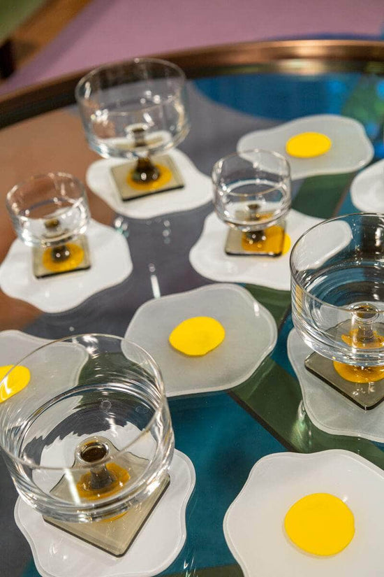 Squiggled Raw to Fried Egg Glass Coaster Set of Four