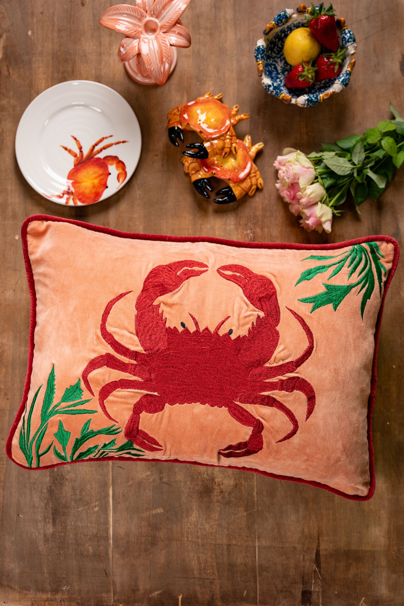Tropical Hand-Embroidered Cotton Cushion – Crab