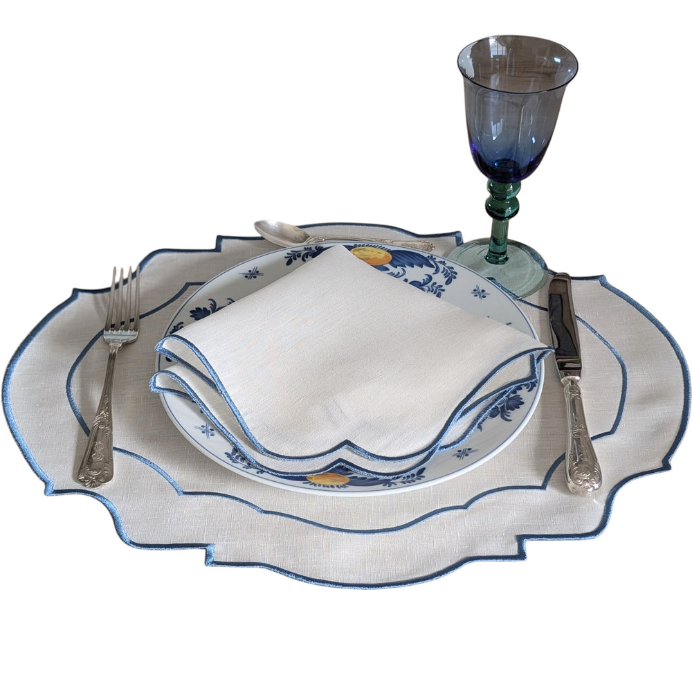 BARBADOS - Blue and White Double Piping Linen Placemat and Napkin Set