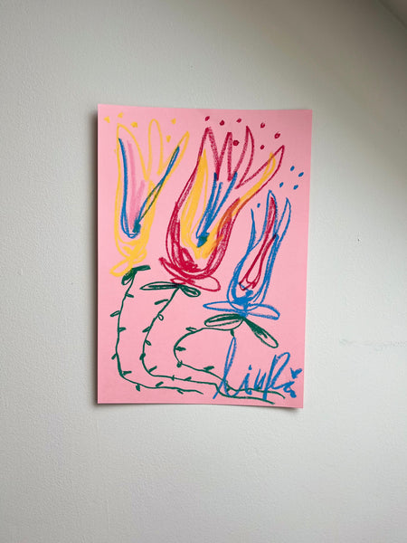 Multi-colored Florals on Pink Background I Original Painting A3
