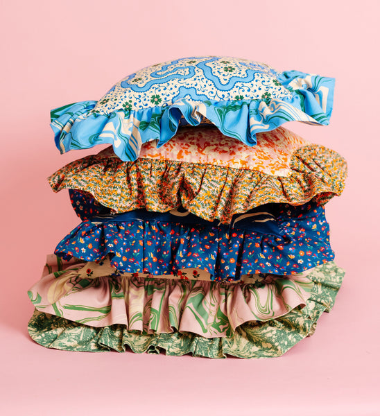 "Frilly fancy" cushion in Cornflower Blue