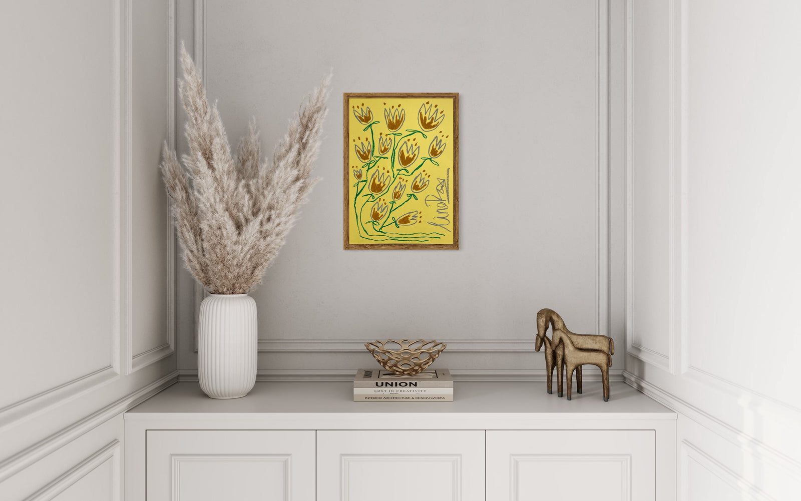 Chocolate & Grey Flowers On Yellow Background | Original painting A3