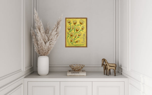 Chocolate & Grey Flowers On Yellow Background | Original painting A3