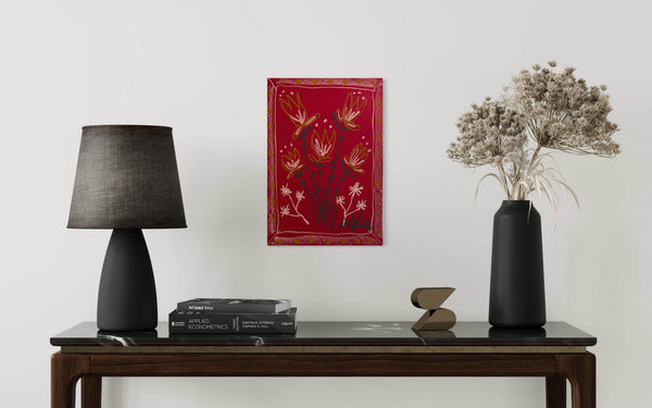 Pink, Yellow Florals on Red Background | Original Painting A3