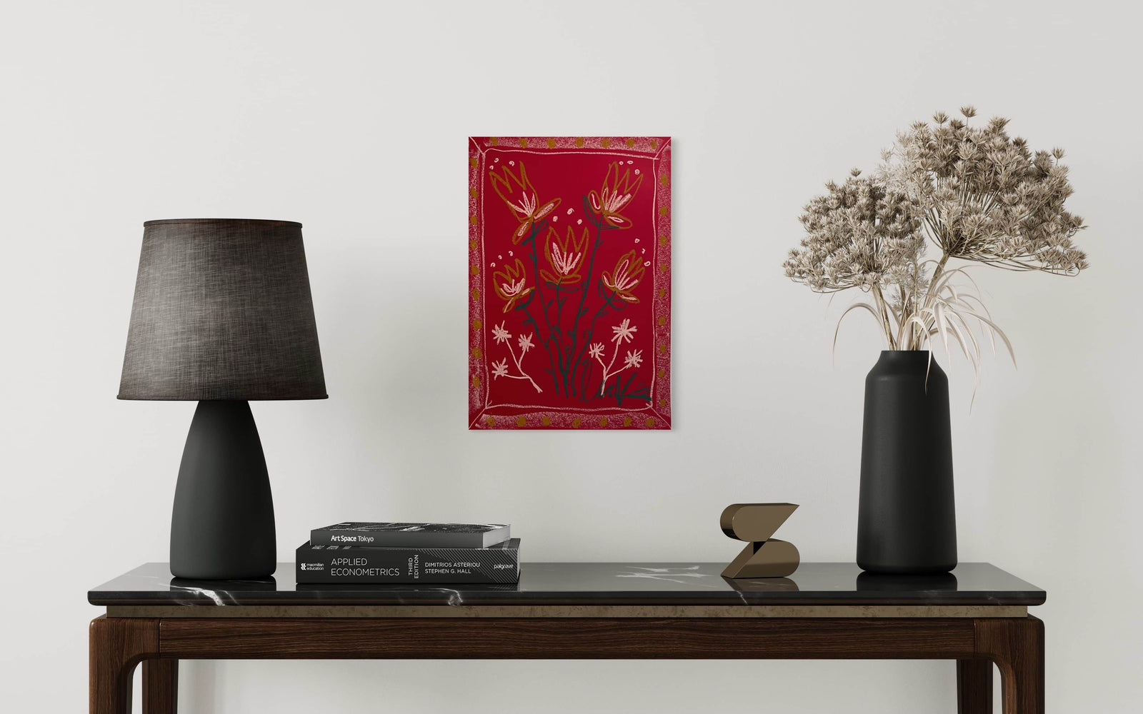 Pink, Yellow Florals on Red Background | Original Painting A3