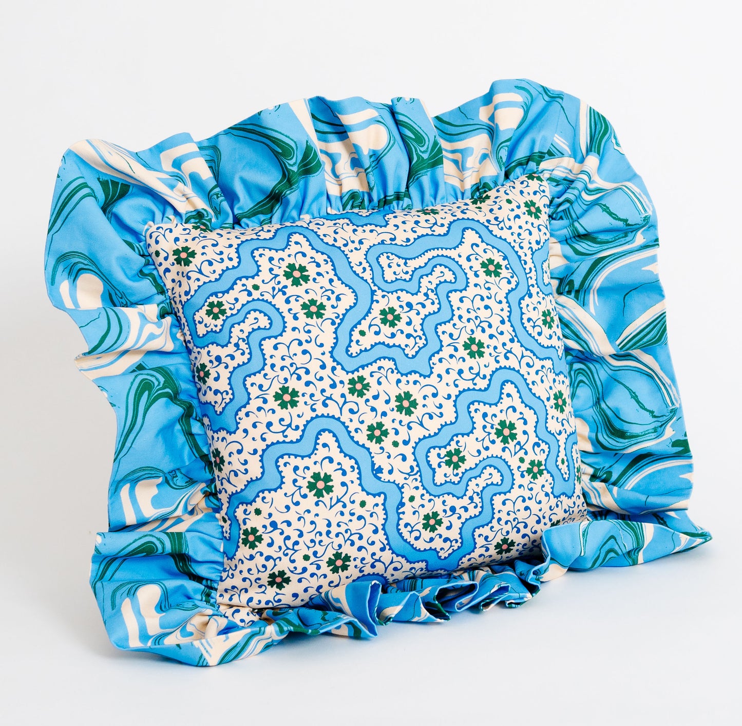 "Frilly fancy" cushion in Cornflower Blue