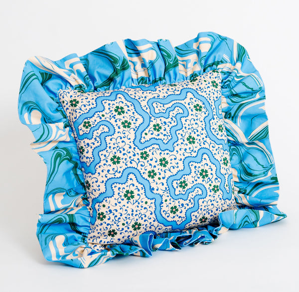"Frilly fancy" cushion in Cornflower Blue