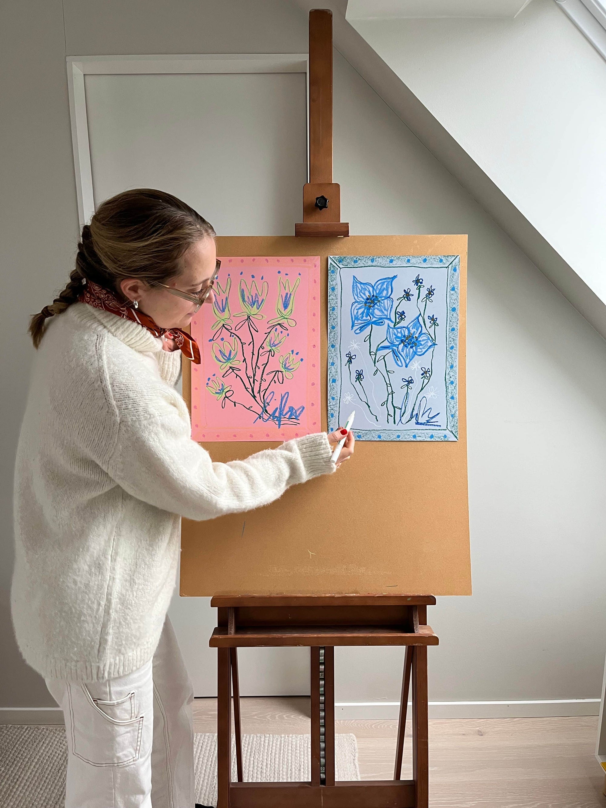 Pink & Blue Floral on Pink Background | Original Painting A3