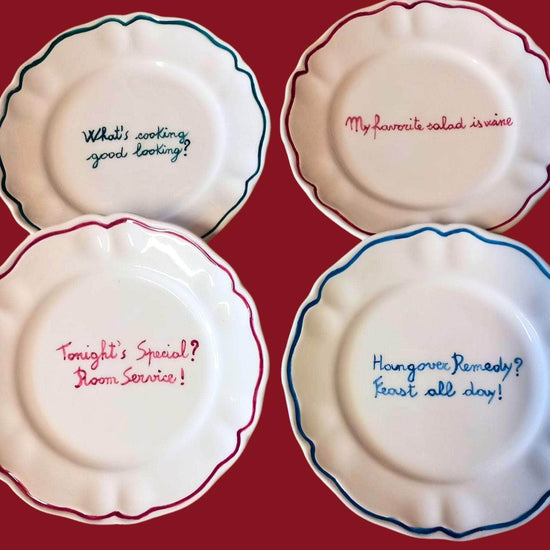 Ceramic "My Favorite Salad is Wine" Scalloped Plate Set of 4