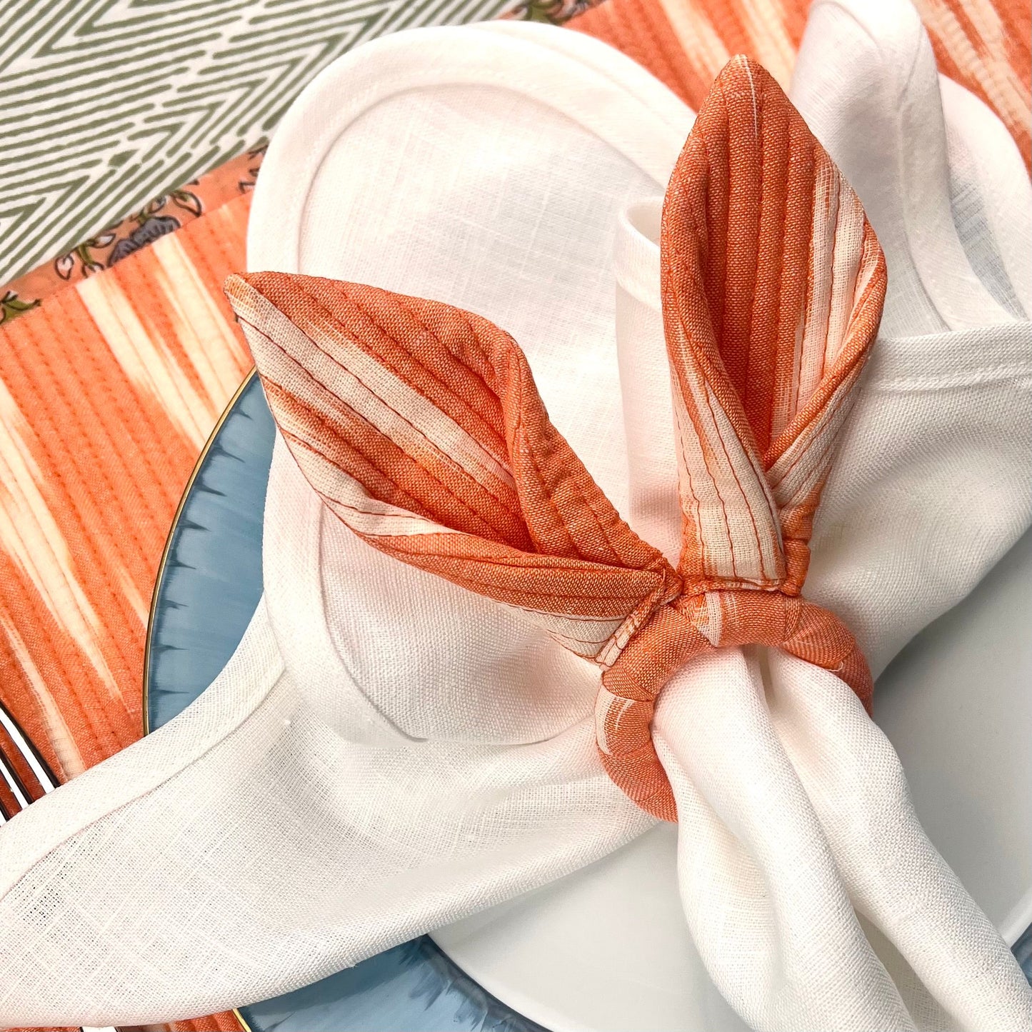 Easter Bunny Ears Napkin Ring - Woven Ikat - Coral