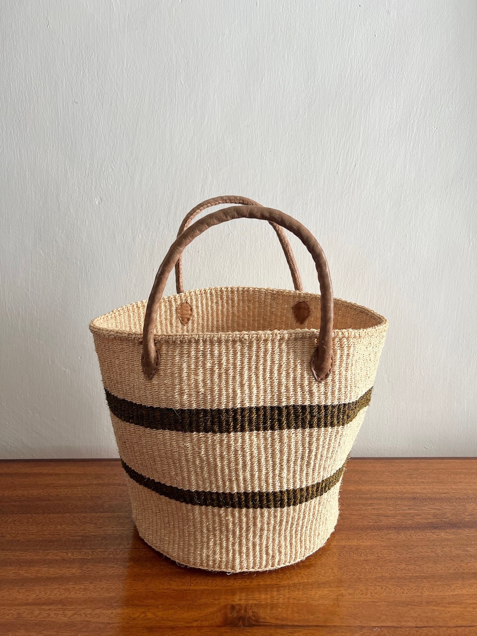 Olive Stripe Sisal Storage Basket