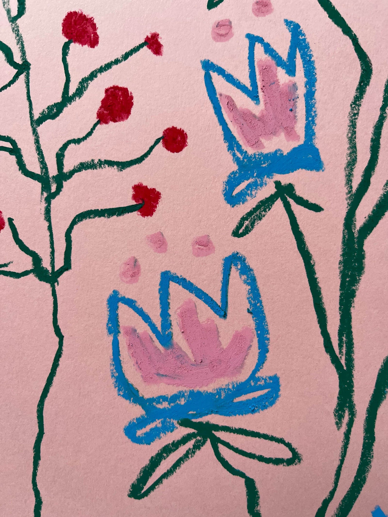 Pink & Blue Floral on Pink Background | Original Painting A3