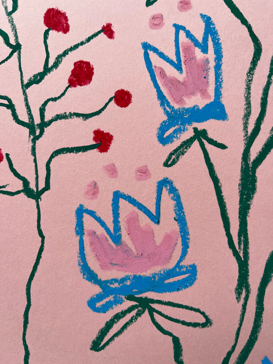 Pink & Blue Floral on Pink Background | Original Painting A3