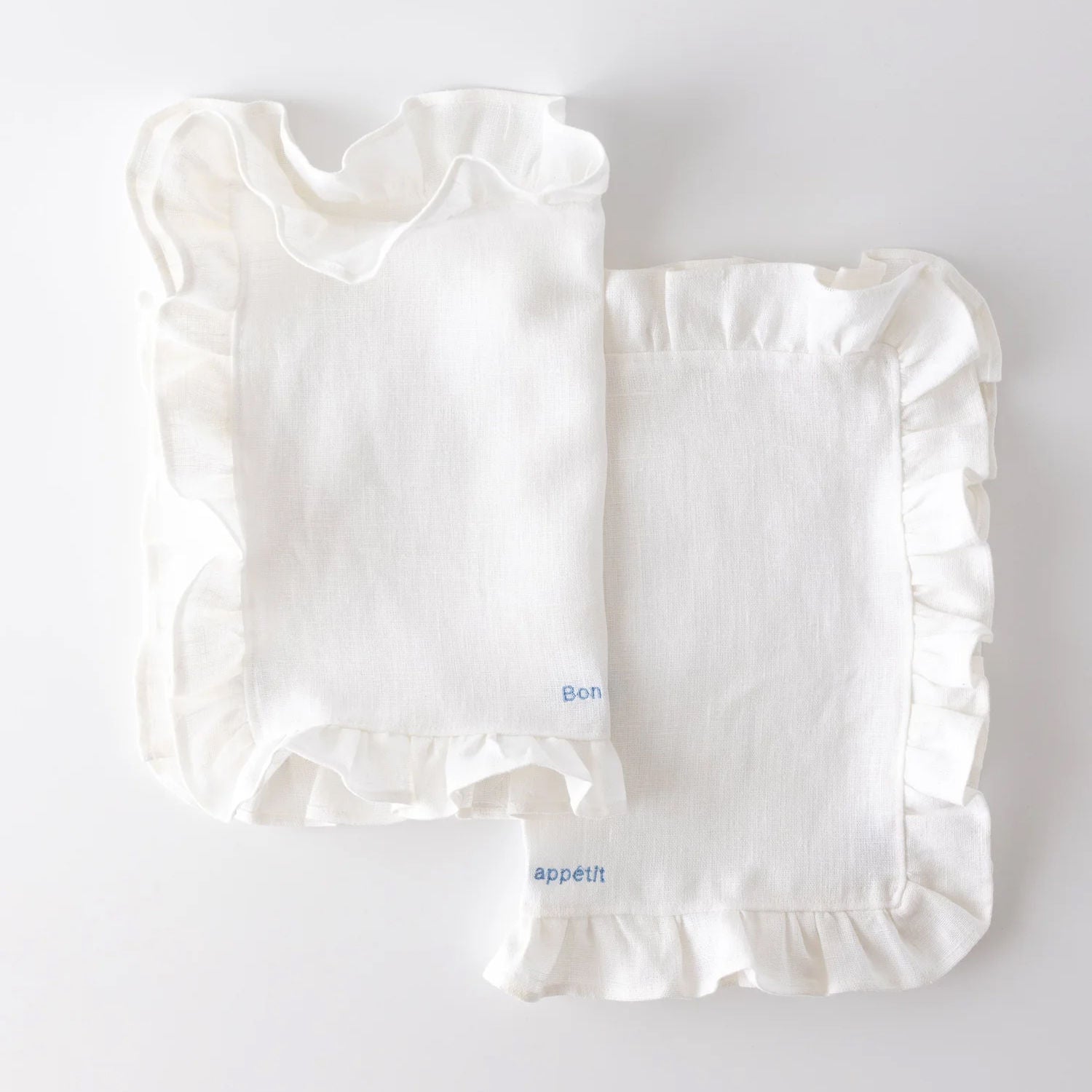White Ruffled Linen Placemats with Embroidery – Set of 2