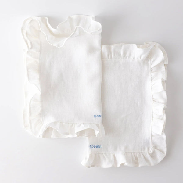 White Ruffled Linen Placemats with Embroidery – Set of 2