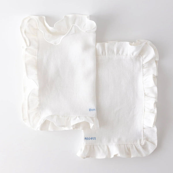 White Ruffled Linen Placemats with Embroidery – Set of 2