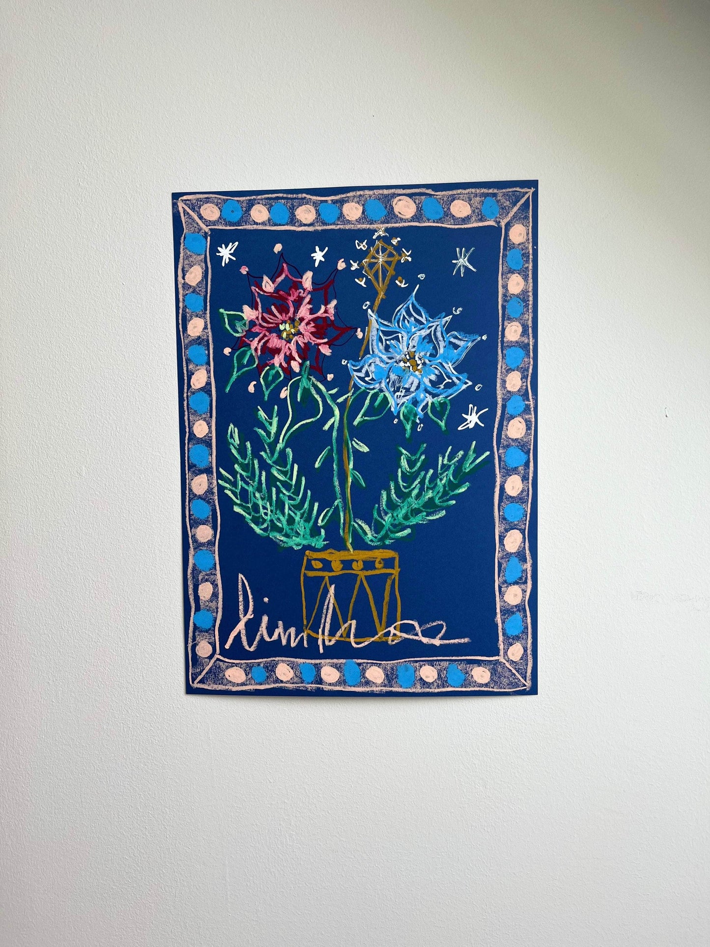 Multi-colored Florals on Midnight Blue Background I Original Painting A3