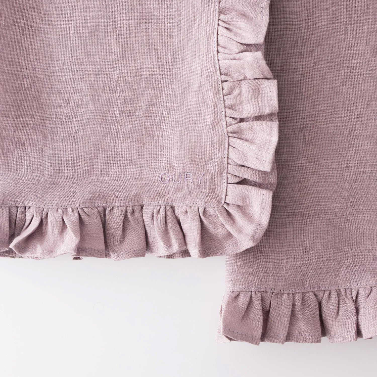Pink Ruffled Linen Placemats with Embroidery – Set of 2
