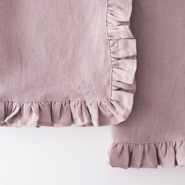 Pink Ruffled Linen Placemats with Embroidery – Set of 2