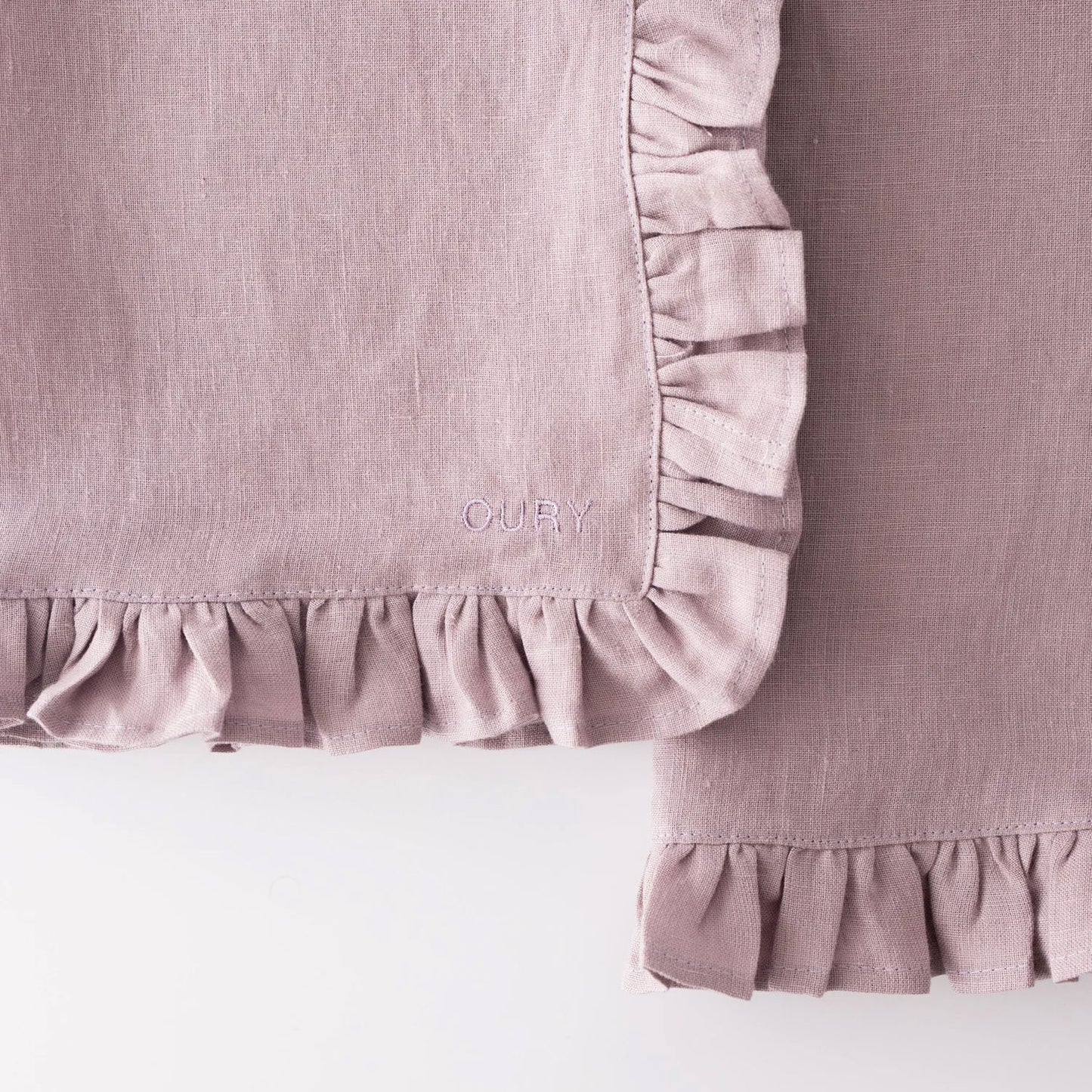 Pink Ruffled Linen Placemats with Embroidery – Set of 2