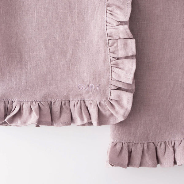Pink Ruffled Linen Placemats with Embroidery – Set of 2